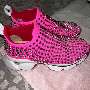 Christian Louboutin Red Bottom Pink Spike Neopreme sock shoe size 35.5 wmns 5.5
